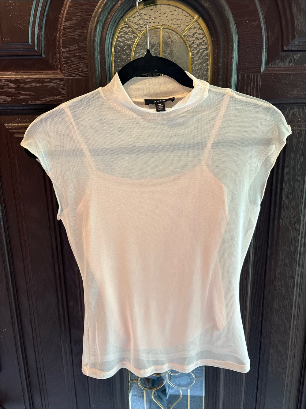 AQUA Sheer Layered Peach Mock-Neck Tank Top